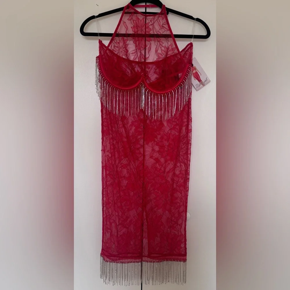 Dreamgirl | Red Lace Rhinestone Fringe Two-Piece Set | Halter Top | Midi Skirt